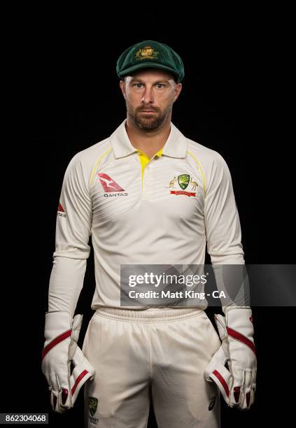 Matthew Wade of Australia poses during the Australia Test cricket team portrait session at Intercontinental Double Bay on October 15, 2017 in Sydney,...