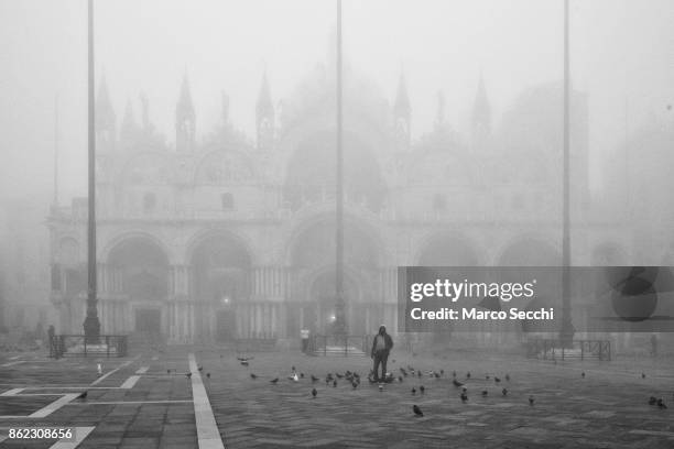 Grain seller stands in front of Saint Mark's Basilica in Saint Mark's Square under heavy fog on October 17, 2017 in Venice, Italy. Venice and the...