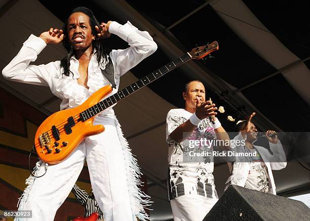 Musicians, Verdine White, Ralph Johnson and Philip Bailey of Earth Wind & Fire perform at the 2009 New Orleans Jazz & Heritage Festival at the Fair...