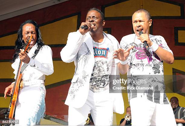 Musicians, Verdine White, Philip Bailey and Ralph Johnson of Earth Wind & Fire perform at the 2009 New Orleans Jazz & Heritage Festival at the Fair...