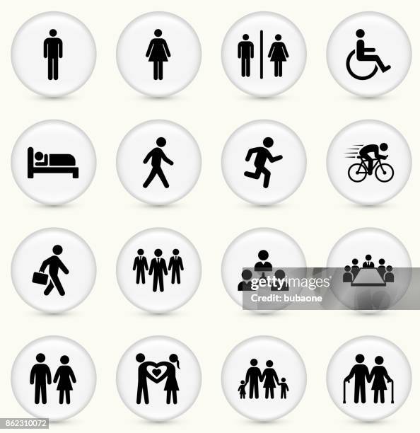 people and modern life icon set on round white buttons - mother son standing bed stock illustrations