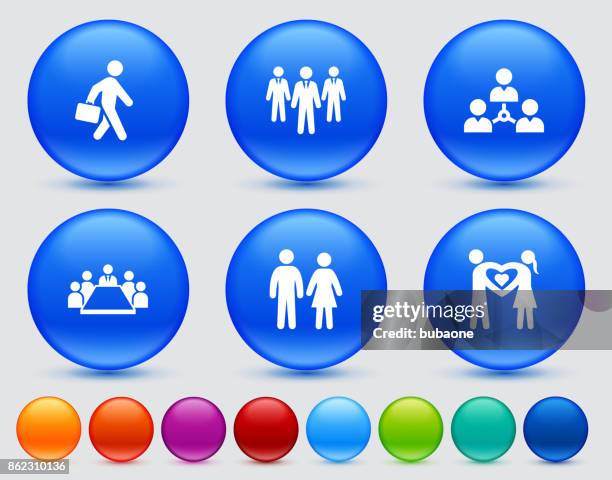 people and modern life icon set on blue shiny round buttons - mother son standing bed stock illustrations