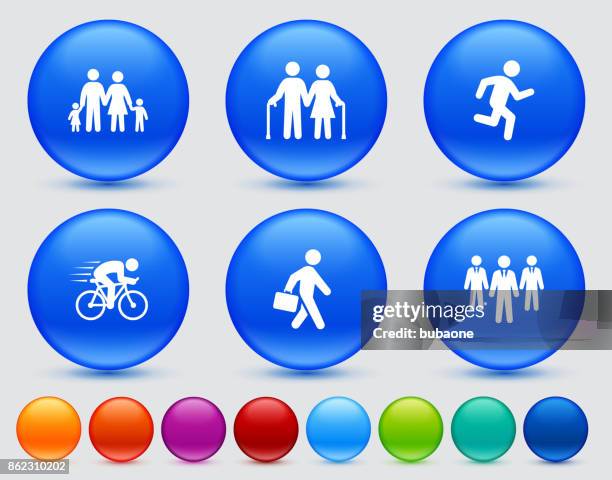 people and modern life icon set on blue shiny round buttons - mother son standing bed stock illustrations