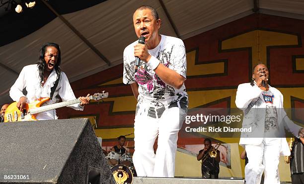 Musicians, Verdine White, Ralph Johnson and Philip Bailey of Earth Wind & Fire perform at the 2009 New Orleans Jazz & Heritage Festival at the Fair...