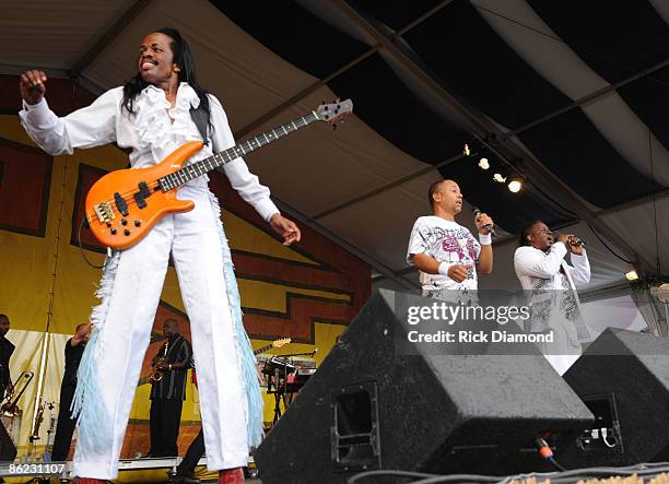 Musicians, Verdine White, Ralph Johnson and Philip Bailey of Earth Wind & Fire perform at the 2009 New Orleans Jazz & Heritage Festival at the Fair...