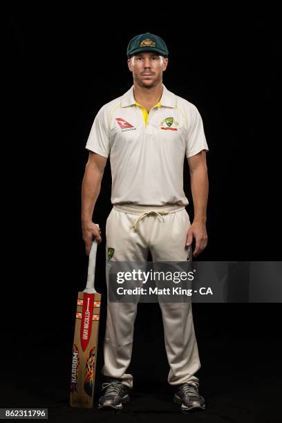 David Warner of Australia poses during the Australia Test cricket team portrait session at Intercontinental Double Bay on October 15, 2017 in Sydney,...