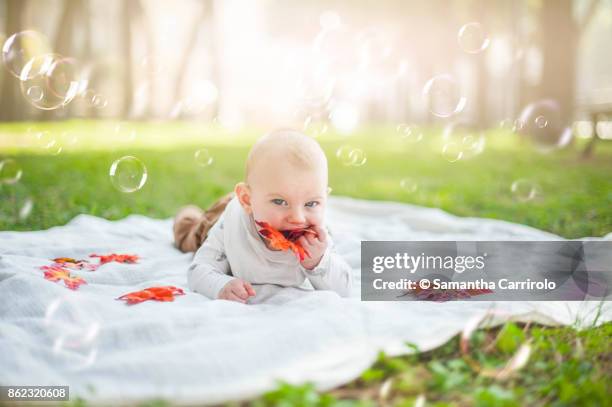 neonato maschio. biondo. occhi azzurri. bolle di sapone. - occhi azzurri stock pictures, royalty-free photos & images