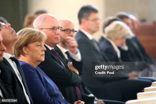 German Chancellor Angela Merkel attends the memorial service for the late German politician Heiner Geissler at St. Hedwig Cathedral on October 17,...