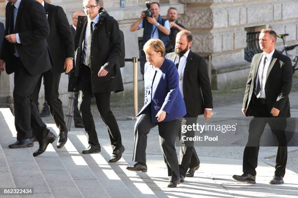 German Chancellor Angela Merkel arrives for the memorial service for the late German politician Heiner Geissler at St. Hedwig Cathedral on October...