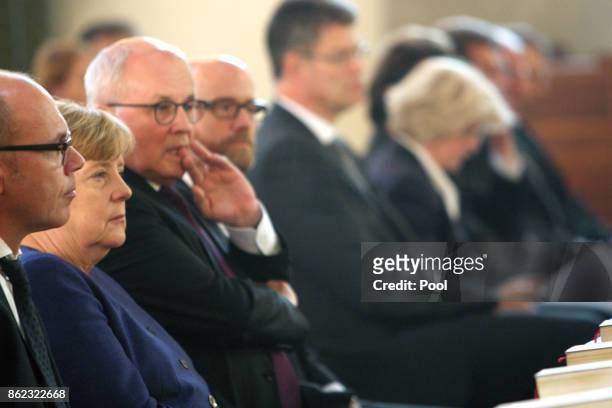 German Chancellor Angela Merkel attends the memorial service for the late German politician Heiner Geissler at St. Hedwig Cathedral on October 17,...