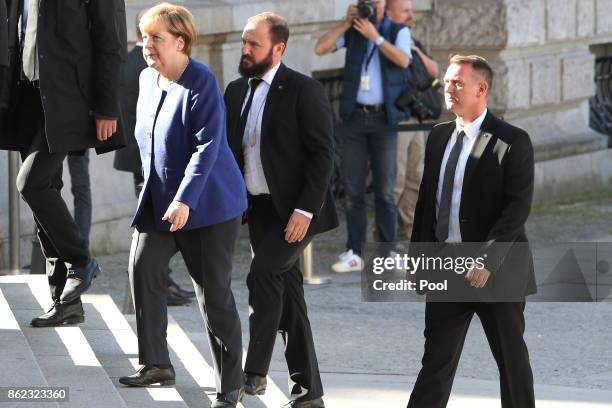 German Chancellor Angela Merkel arrives for the memorial service for the late German politician Heiner Geissler at St. Hedwig Cathedral on October...