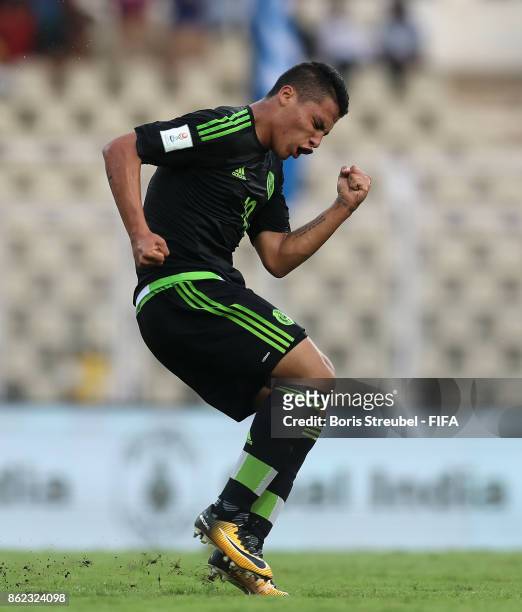 Roberto de la Rosa of Mexico celebrates after scoring his team's first goal during the FIFA U-17 World Cup India 2017 Round of 16 match between Iran...