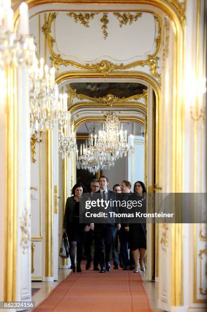 Elisabeth Koestinger, General Secretary of Austrian People's Party , and Austrian Foreign Minister and leader of OeVP Sebastian Kurz arrive for a...