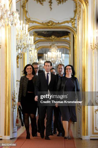 Elisabeth Koestinger, General Secretary of Austrian People's Party , and Austrian Foreign Minister and leader of OeVP Sebastian Kurz arrive for a...