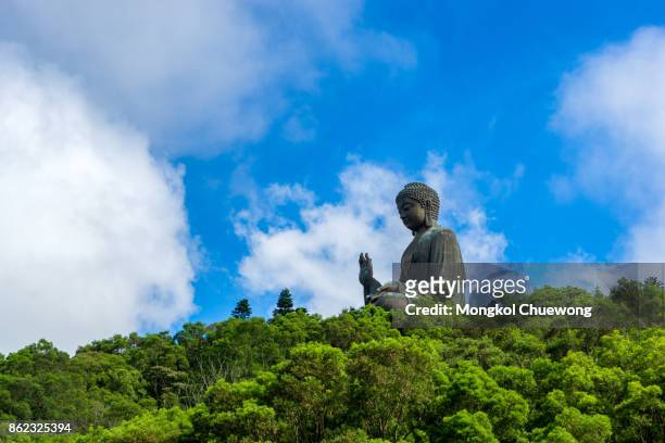 hongkong scenic tian tan buddha or big buddha, a large bronze statue at ngong ping, lantau island, hong kong. - ngong stockfoto's en -beelden