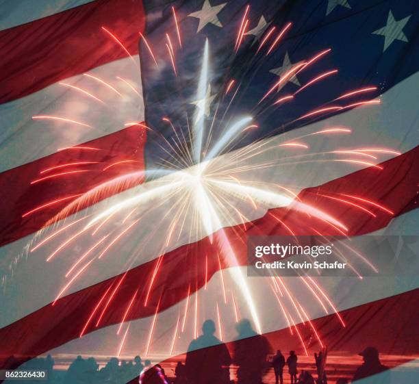 fourth of july celebration, fireworks and flag - american flag clip art stock-fotos und bilder