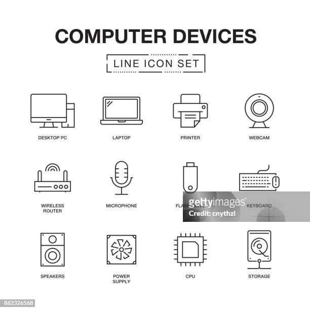 ilustraciones, imágenes clip art, dibujos animados e iconos de stock de dispositivos línea iconos conjunto - desktop pc