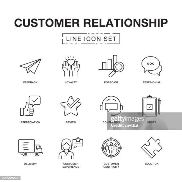 kunden beziehung linie icons set - kundenbeziehungsmanagement stock-grafiken, -clipart, -cartoons und -symbole