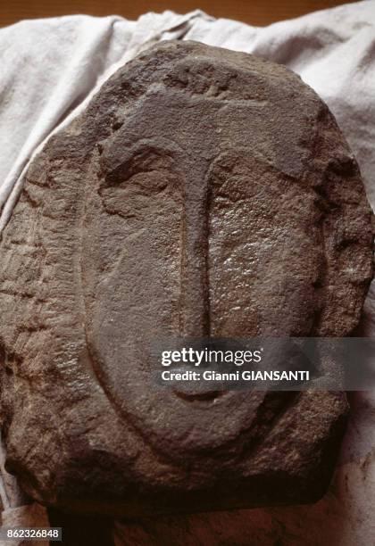 One of the two statues that could have been sculpted by Modigliani and that were found in a Livorno canal, 5 July 1984, Italy.