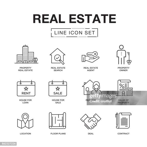 illustrazioni stock, clip art, cartoni animati e icone di tendenza di set icone linea immobiliare - agente immobiliare