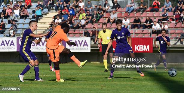 Bobby Adekanye of Liverpool scoring the fourth goal during the UEFA Youth League group E match between NK Maribor and Liverpool FC at on October 17,...