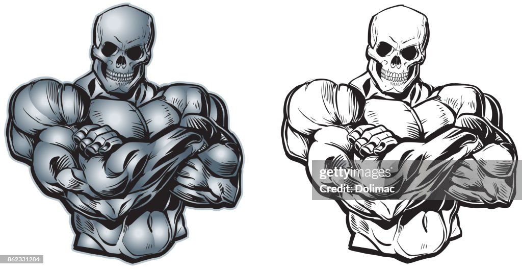 Vector De Dibujos Animados Torso Musculoso Con La Cabeza De Cráneo  Ilustración de stock - Getty Images