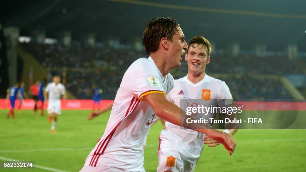 Juan Miranda of Spain celebrates scoring his sides first goal during the FIFA U-17 World Cup India 2017 Round of 16 match between France and Spain at...