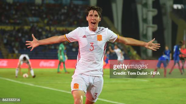 Juan Miranda of Spain celebrates scoring his sides first goal during the FIFA U-17 World Cup India 2017 Round of 16 match between France and Spain at...