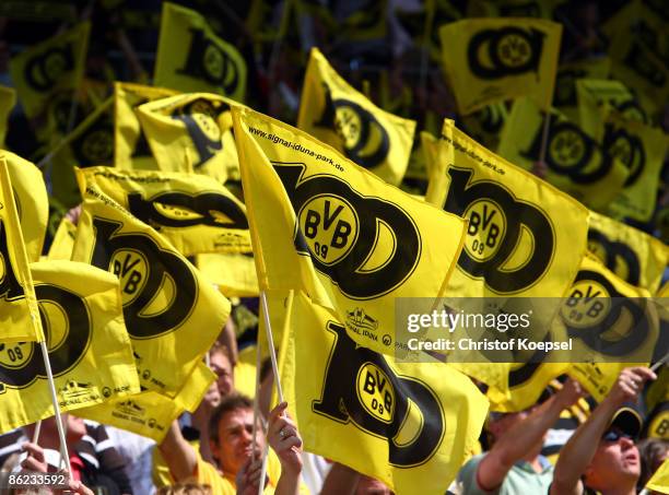 The fans of Dortmund show banners during the Bundesliga match between Borussia Dortmund and Hamburger SV at the Signal Iduna Park on April 25, 2009...