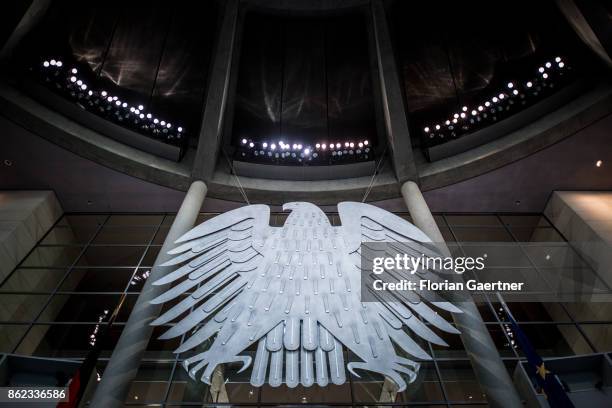 The Federal Eagle is pictured at the Reichstag on October 17, 2017 in Berlin, Germany. Following German federal elections last September the new...