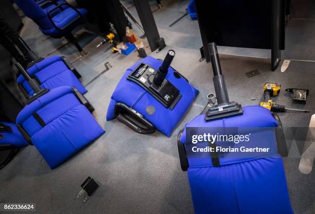 New seats for parliamentarians in the Bundestag are pictured during their installation at the Reichstag on October 17, 2017 in Berlin, Germany....