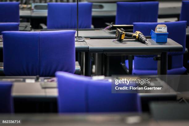 Cordless screwdriver is placed on a desk in the plenary hall at the Reichstag on October 17, 2017 in Berlin, Germany. Following German federal...