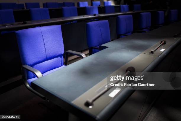 The government bench at the Reichstag is pictured on October 17, 2017 in Berlin, Germany. Following German federal elections last September the new...