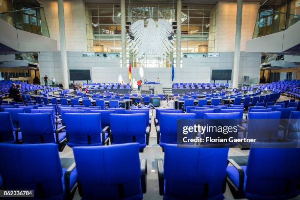 The Federal Eagle and the rows of seats are pictured from the plenary hall at the Bundestag on October 17, 2017 in Berlin, Germany. Following German...