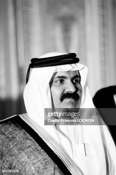 Cheikh Hamad ben Khalifa Al Thani, prince héritier et ministre de la Défense du Qatar, le 15 juin 1987 à Paris, France.