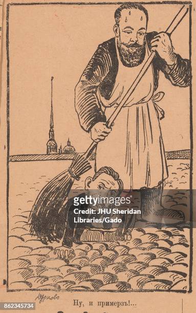 Picture from the Russian satirical journal of a man, likely Sergei Witte, the Russian prime minster at the time, unsuccessfully trying to sweep a...