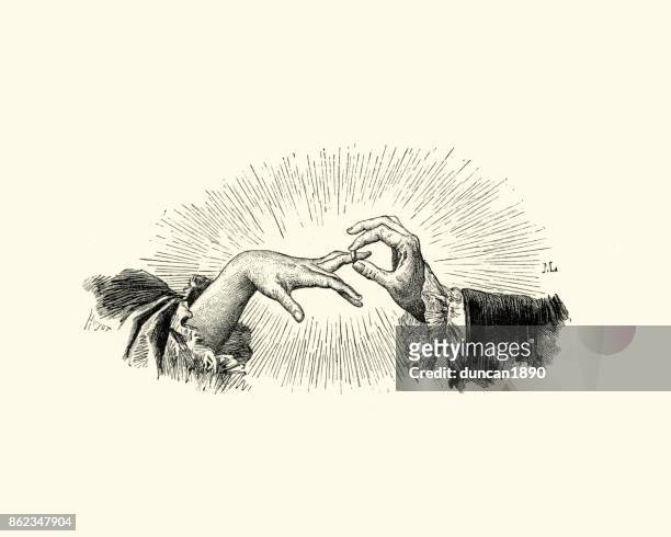 manon lescaut man puttng a ring on a womans finger - married stock illustrations