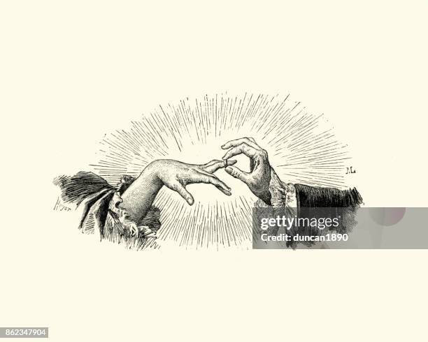 manon lescaut man puttng a ring on a womans finger - wedding jewellery stock illustrations