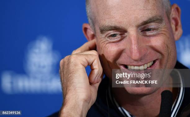 S Ryder Cup captain, Jim Furyk gives a press conference on october 17, 2017 in Paris.