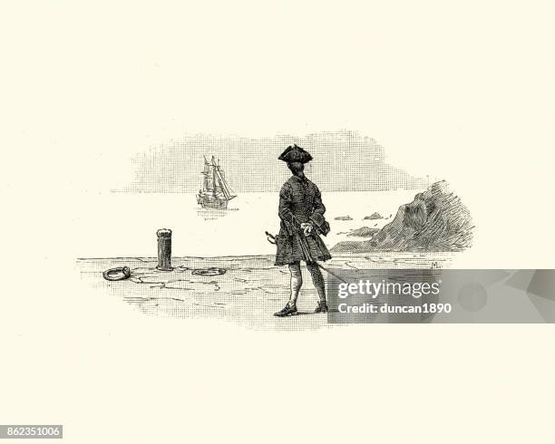 manon lescaut - watching a ship sail away, 18th century - pirate criminal stock illustrations