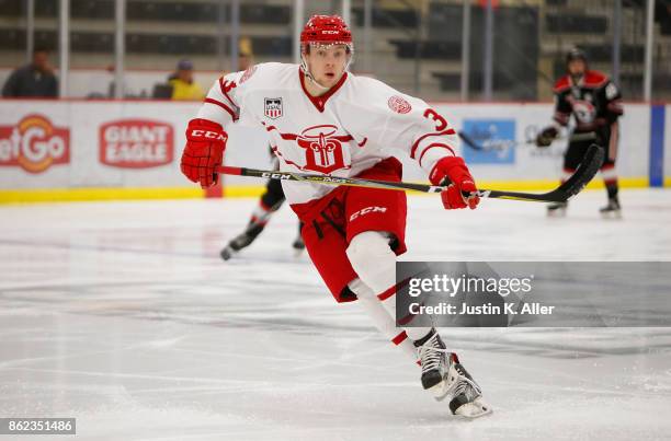 Jake Gresh of the Dubuque Fighting Saints skates during the game against the Waterloo Blackhawks on Day 2 of the USHL Fall Classic at UPMC Lemieux...