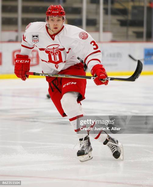 Jake Gresh of the Dubuque Fighting Saints skates during the game against the Waterloo Blackhawks on Day 2 of the USHL Fall Classic at UPMC Lemieux...