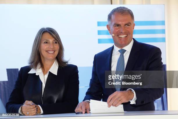Carolyn McCall, chief executive officer of Easyjet Plc, left, and Carsten Spohr, chief executive officer of Deutsche Lufthansa AG, speak during the...