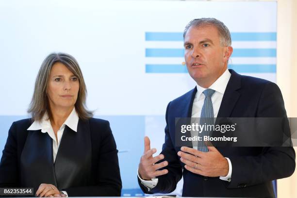 Carolyn McCall, chief executive officer of Easyjet Plc, left, looks on as Carsten Spohr, chief executive officer of Deutsche Lufthansa AG, speaks...