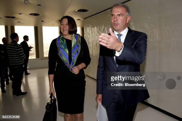Violeta Bulc, transport commissioner for the European Union , left, and Carsten Spohr, chief executive officer of Deutsche Lufthansa AG, arrive for...