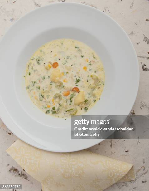 new england fish chowder soup. - chowder stock pictures, royalty-free photos & images
