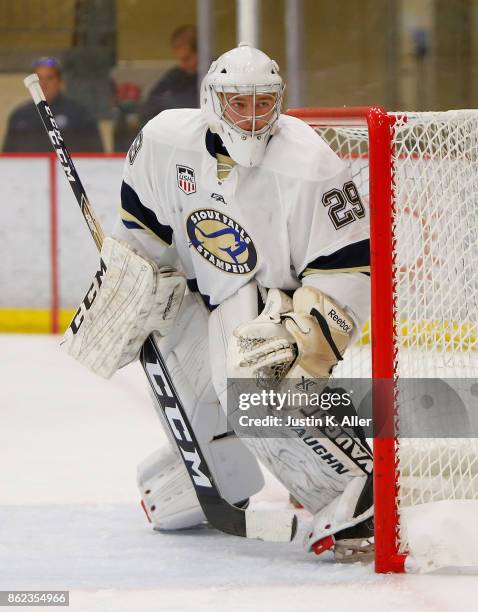 John Roberts of the Sioux Falls Stampede tends net during the game against the Cedar Rapids RoughRiders on Day 2 of the USHL Fall Classic at UPMC...