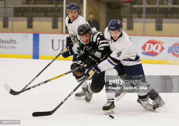 Jordan Timmons of the Cedar Rapids RoughRiders battles against Brandon Tabakin of the Sioux Falls Stampede for a loose puck during the game on Day 2...