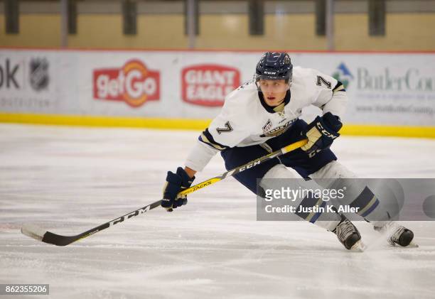 Jaxon Nelson of the Sioux Falls Stampede skates during the game against the Cedar Rapids RoughRiders on Day 2 of the USHL Fall Classic at UPMC...