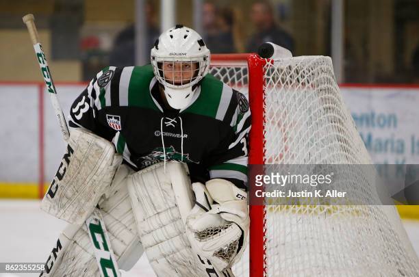 Blake Pietila of the Cedar Rapids RoughRiders tends net during the game against the Sioux Falls Stampede on Day 2 of the USHL Fall Classic at UPMC...